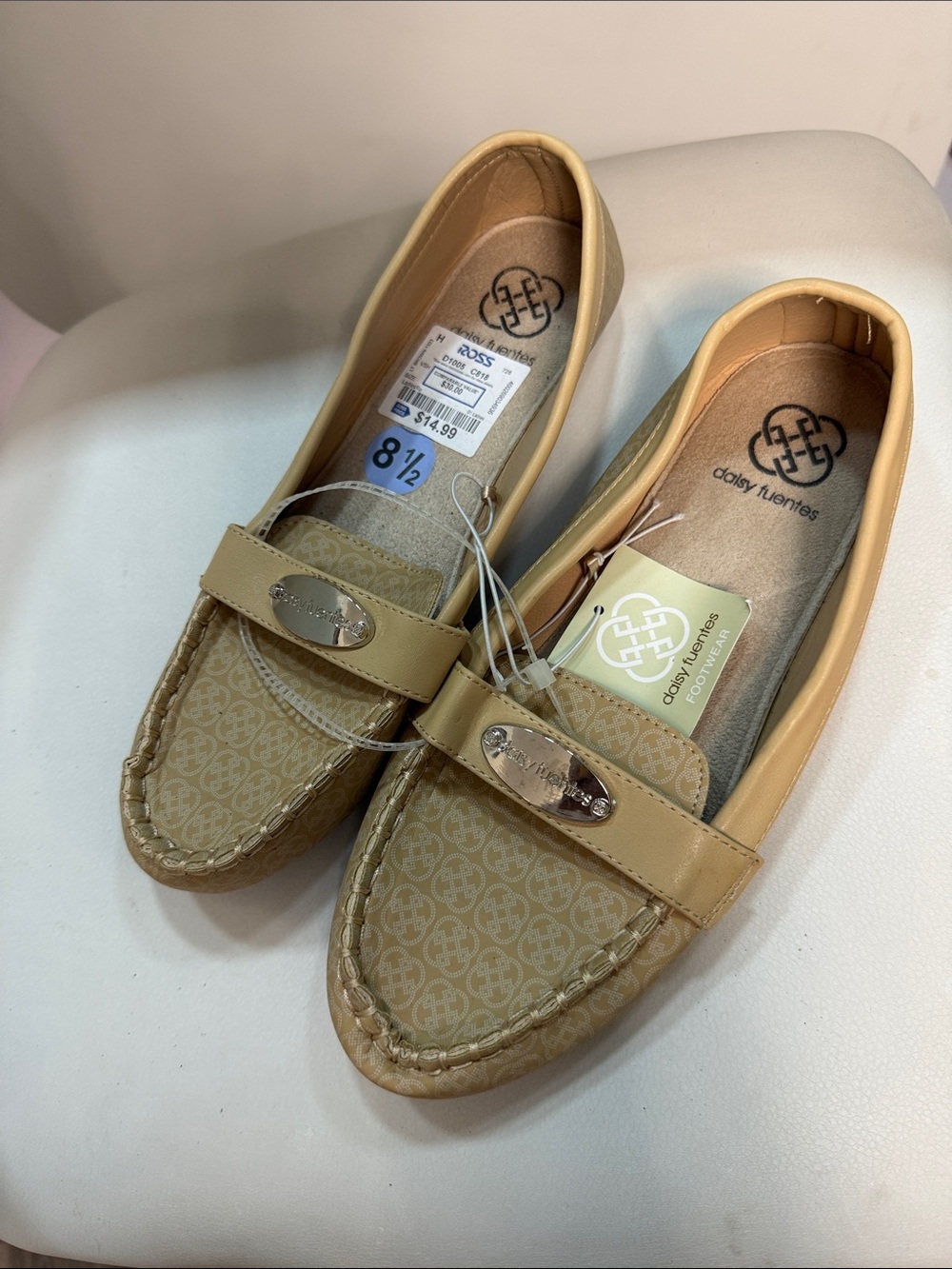 Daisy Fuentes Beige Patterned Slip-On Loafers with Metallic Logo Accent